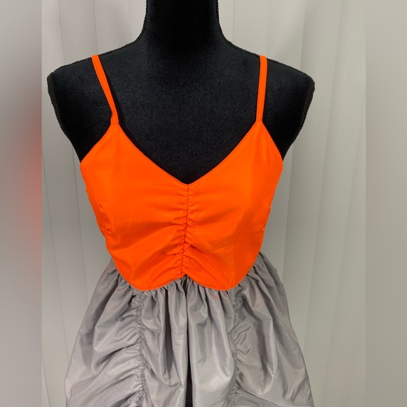 LUSIFER x MO&CO Ruched Nylon Parachute Maxi Dress Gray Neon Orange Size Small - Picture 10 of 16